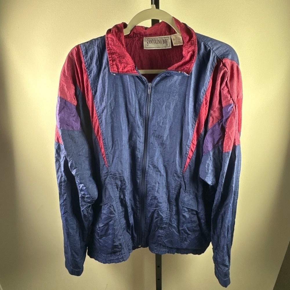 Santolina Bay Windbreaker Jacket Womens L Blue Magenta Vintage 90s Crinkle Nylon